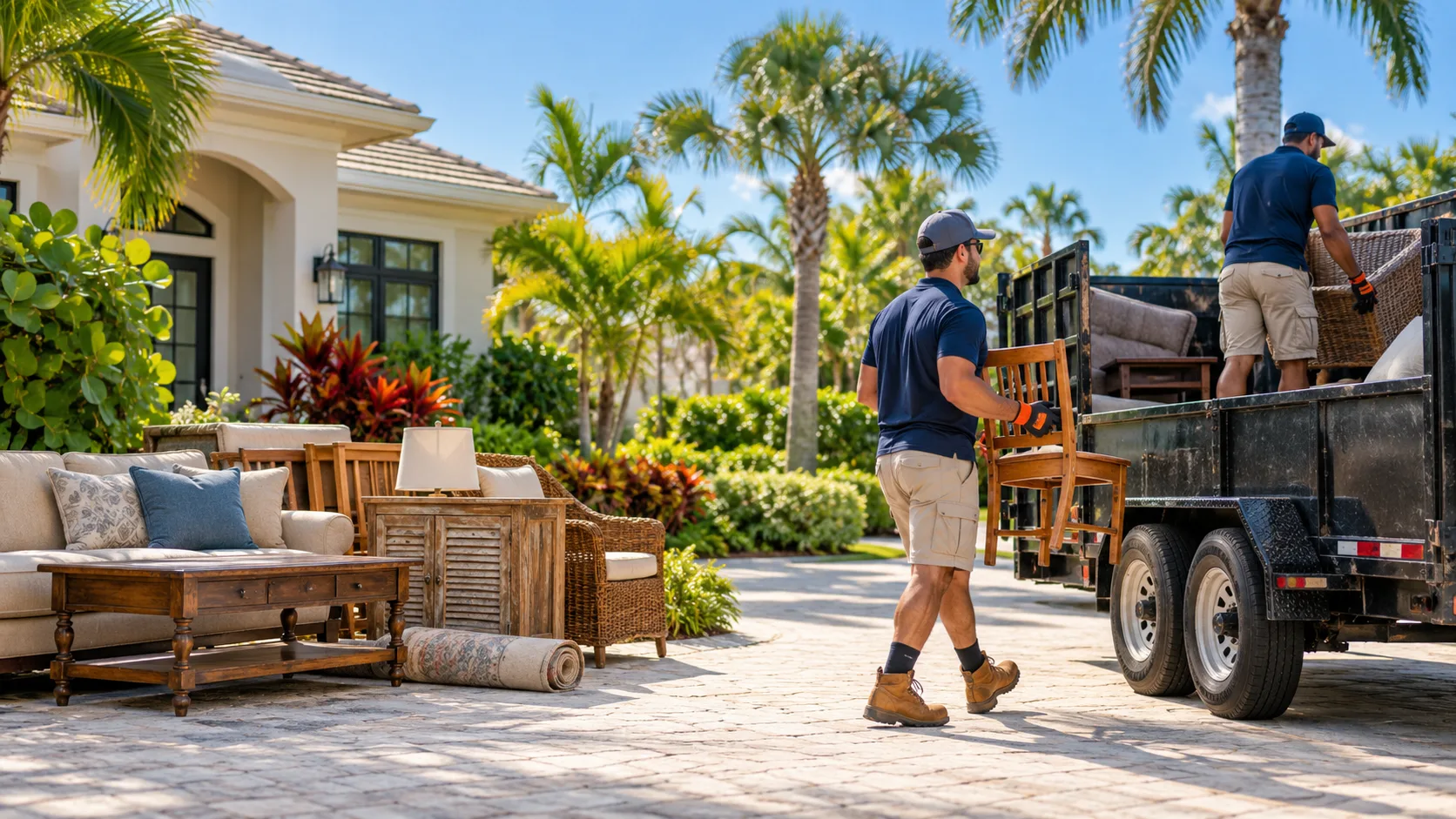 Junk removal crew loading furniture at a Bonita Springs home