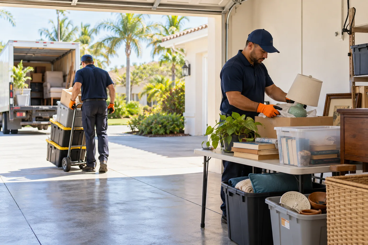 Crew sorting household items during a garage cleanout